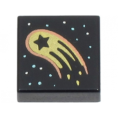 black tile 1 x 1 with gold and copper comet meteor with star cutout and metallic light blue and silver stars pattern