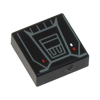 black tile 1 x 1 with sw moff gideon jet pack with dark bluish gray lines and trapezoids and red and white rectangles pattern
