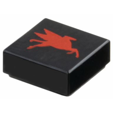 black tile 1 x 1 with red mobil pegasus logo model right side