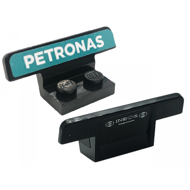 black vehicle spoiler 1 x 4 on 1 x 2 base with white petronas on dark turquoise background and white ineos pattern stickers - set 76909