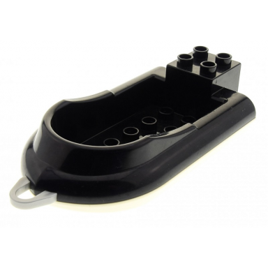 black duplo boat curved front with raised lip 2 x 5 studs inside with pearl light gray tow loop and white bottom
