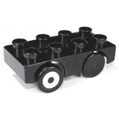 black duplo car base 2 x 4 with black wheels with 2 silver hubs pattern