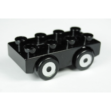 black duplo car base 2 x 4 with black wheels with 4 silver hubs pattern