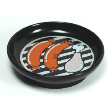 black duplo utensil dish 3 x 3 with grill sausages and chicken drumstick pattern