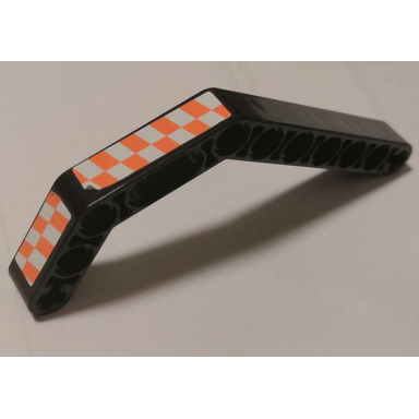 black technic liftarm modified bent thick 1 x 11.5 double with white and orange checkered pattern model left side stickers - set 8162