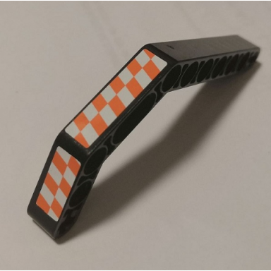 black technic liftarm modified bent thick 1 x 11.5 double with white and orange checkered pattern model right side stickers - set 8162