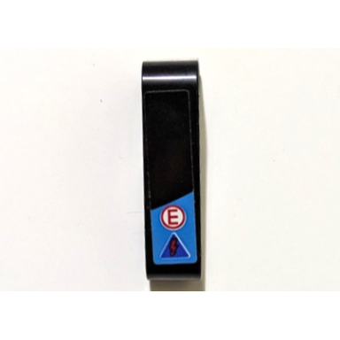 black technic liftarm modified bent thick l-shape 2 x 4 with dark azure trapezoid stripe red capital letter e in white circle and blue electricity danger triangle pattern model left side sticker - set 42162