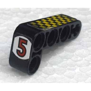 black technic liftarm modified bent thick l-shape 2 x 4 with red number 5 in white circle yellow and black checkered pattern stickers - set 8238