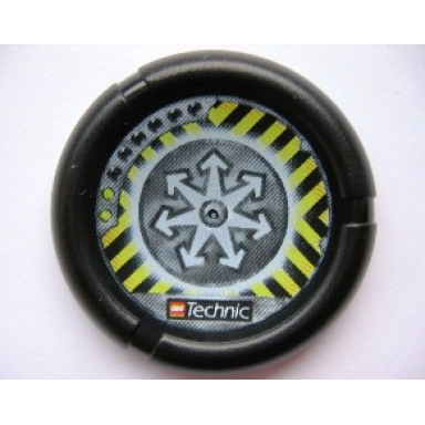 black throwing disk with throwbot jet slizer judge 2 pips lego technic logo and radiating arrows and danger stripes emblem pattern