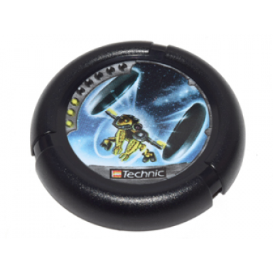 black throwing disk with throwbot jet slizer judge 3 pips lego technic logo and robot throwing disks pattern