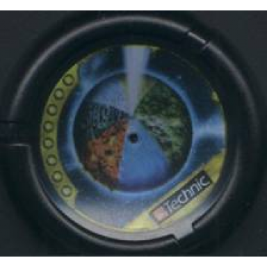 black throwing disk with throwbot millennia slizer millennium 8 pips lego technic logo and sectioned planet pattern
