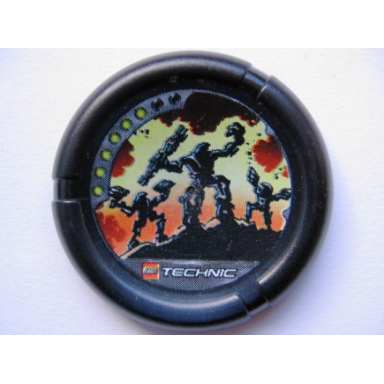 black throwing disk with throwbot blaster 6 pips lego technic logo and 3 robots standing on rock pattern
