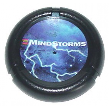 black throwing disk with lego mindstorms logo and lightning pattern