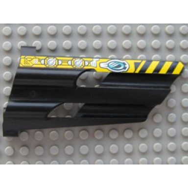 black technic panel fairing 3 large long large holes side a with black and yellow dange stripes cm and machinery pattern sticker - set 8450
