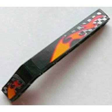 black technic liftarm modified bent thick 1 x 9 7 - 3 with flames and silver checkered pattern right stickers - set 8645