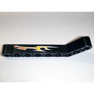 black technic liftarm modified bent thick 1 x 9 7 - 3 with orange flames pattern right side a sticker - set 8167