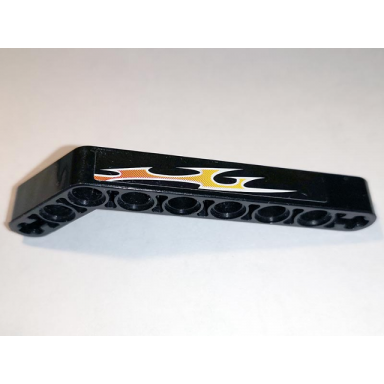 black technic liftarm modified bent thick 1 x 9 7 - 3 with orange flames pattern left side b sticker - set 8167