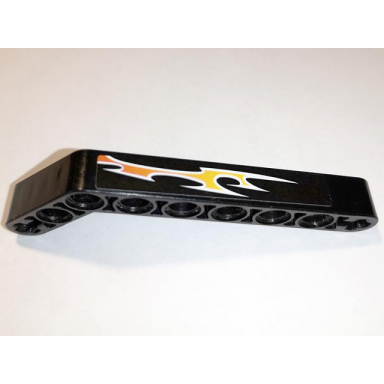 black technic liftarm modified bent thick 1 x 9 7 - 3 with orange flames pattern right side b sticker - set 8167