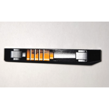 black technic liftarm modified bent thick 1 x 9 7 - 3 with orange and silver shock absorber pattern sticker - set 8307