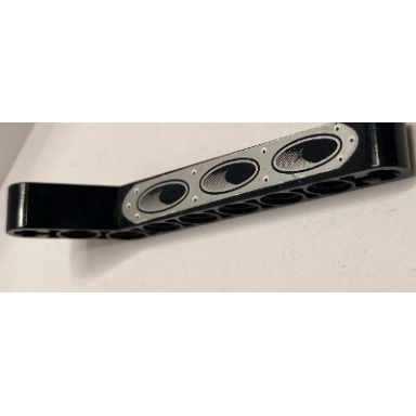 black technic liftarm modified bent thick 1 x 9 7 - 3 with 3 oval shaped silver exhaust holes with rivets pattern sticker - set 8305