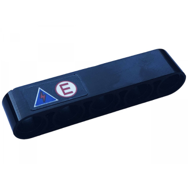 black technic liftarm thick 1 x 5 with red letter e and red flash in a blue triangle pattern sticker - set 42123