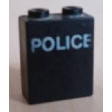 black brick 1 x 2 x 2 with inside axle holder with white police pattern
