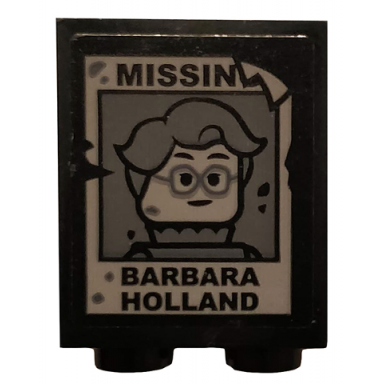 black brick 1 x 2 x 2 with inside stud holder with missin woman minifigure with glasses and barbara holland pattern sticker - set 75810
