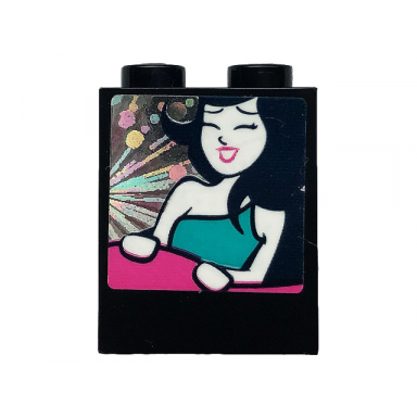 black brick 1 x 2 x 2 with inside stud holder with girl on a roller coaster pattern sticker - set 41375