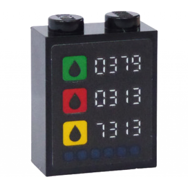 black brick 1 x 2 x 2 with inside stud holder with 0379 0313 and 7313 gas fuel prices and green red and yellow symbols pattern sticker - set 60257