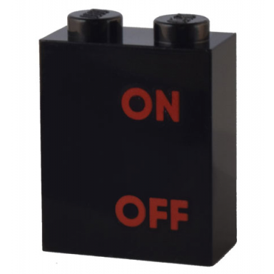 black brick 1 x 2 x 2 with inside stud holder with red on and off pattern