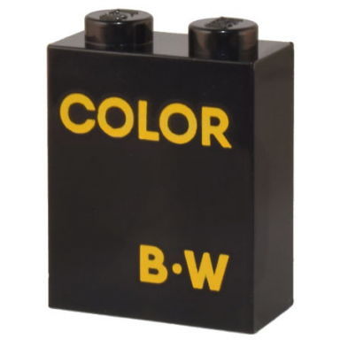 black brick 1 x 2 x 2 with inside stud holder with bright light orange color and b-w pattern