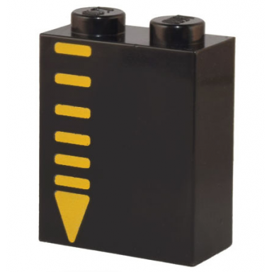 black brick 1 x 2 x 2 with inside stud holder with bright light orange lines and triangle pattern