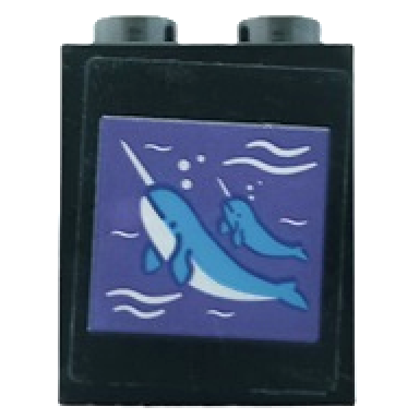 black brick 1 x 2 x 2 with inside stud holder with dark azure and white narwhal ripples and bubbles on dark purple background pattern sticker - set 41408