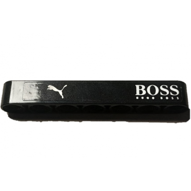 black technic liftarm thick 1 x 7 with white puma and boss logos pattern model left side sticker - set 42137