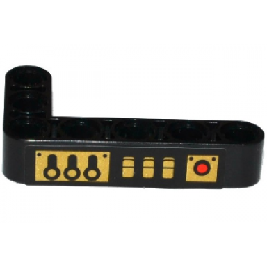 black technic liftarm modified bent thick l-shape 3 x 5 with 3 gold levers 3 switches and red light pattern model left side sticker - set 70738