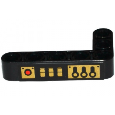 black technic liftarm modified bent thick l-shape 3 x 5 with 3 gold levers 3 switches and red light pattern model right side sticker - set 70738