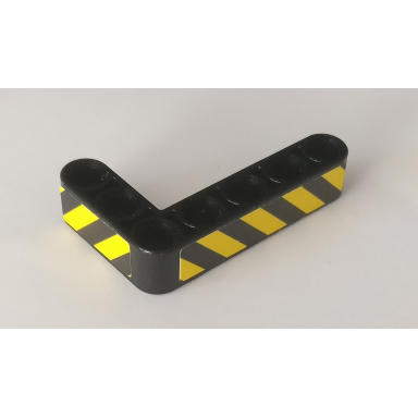 black technic liftarm modified bent thick l-shape 3 x 5 with black and yellow danger stripes pattern model left side stickers - set 42082