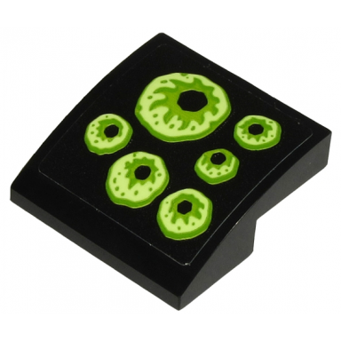 black slope curved 2 x 2 x 2 3 inverted with 6 yellowish green eyes on black background pattern model right side sticker - set 70432