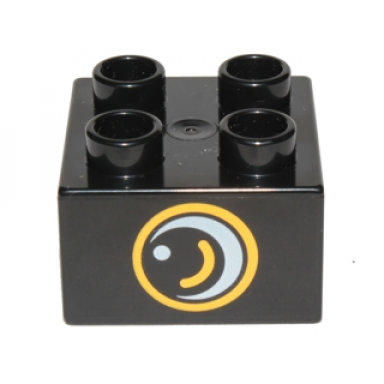 black duplo brick 2 x 2 with eye with gold outline and white spot and curve pattern on two sides