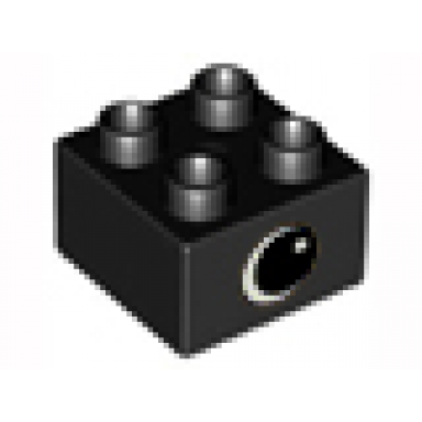 black duplo brick 2 x 2 with black and white eye with spot pattern on opposite sides