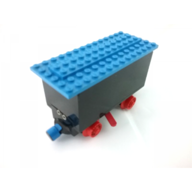 black train battery box car with two contact holes red switch lever blue and red magnets red wheels and blue roof