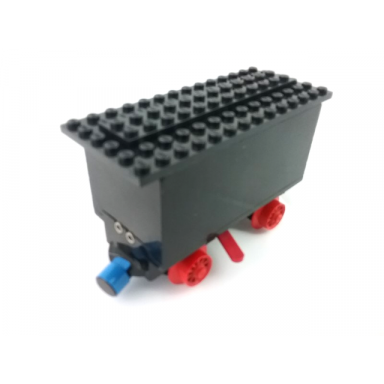 black train battery box car with two contact holes red switch lever blue and red magnets red wheels and black roof