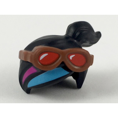 minifigure hair combo female ponytail off-center reddish brown goggles with red lenses magenta and medium azure stripes pattern