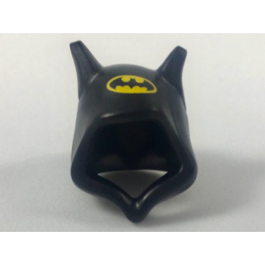 black minifigure headgear hood with bat ears with bat on yellow oval pattern