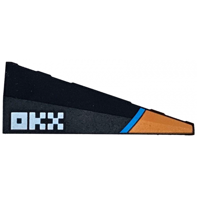 black wedge 5 x 2 left with orange and dark azure stripes and white okx logo pattern