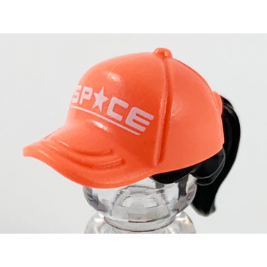 black minifigure hair combo hair with hat ponytail with molded coral ball cap and printed white sp*ce pattern