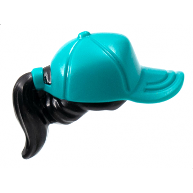 black minifigure hair combo hair with hat ponytail with molded dark turquoise ball cap pattern