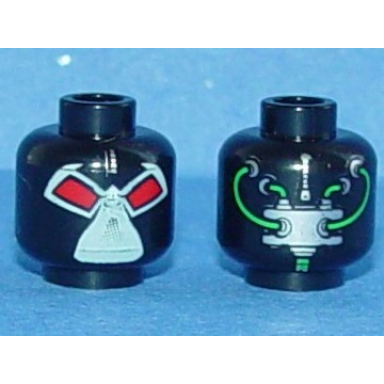 black minifigure head alien with wrestler mask with large red eyes green hoses on back pattern bane