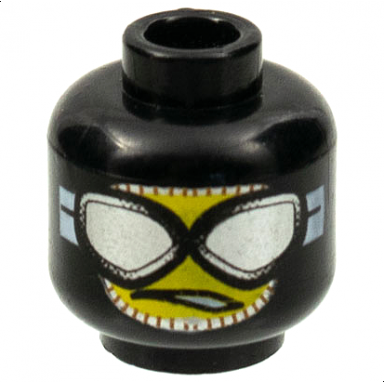 black minifigure head balaclava with yellow face silver goggles with white strap lopsided open mouth scowl with teeth pattern