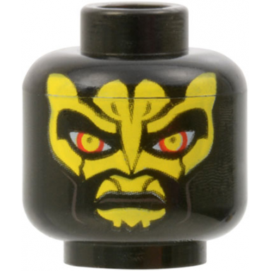 black minifigure head alien sw zabrak with large yellow eyes and markings dark brown cheek lines stern pattern